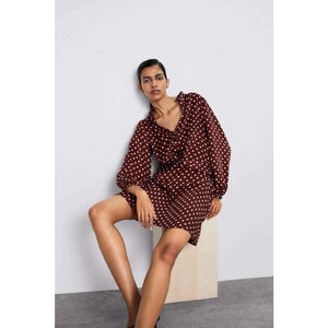 ZARA Ruched Dress Womens Size M Red Satin Polka Dot A Line New